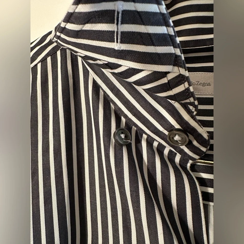 ERMENEGILDO ZEGNA XXL Made Italy Charcoal White Stripe Button Down No Tuck Shirt - Picture 5 of 13